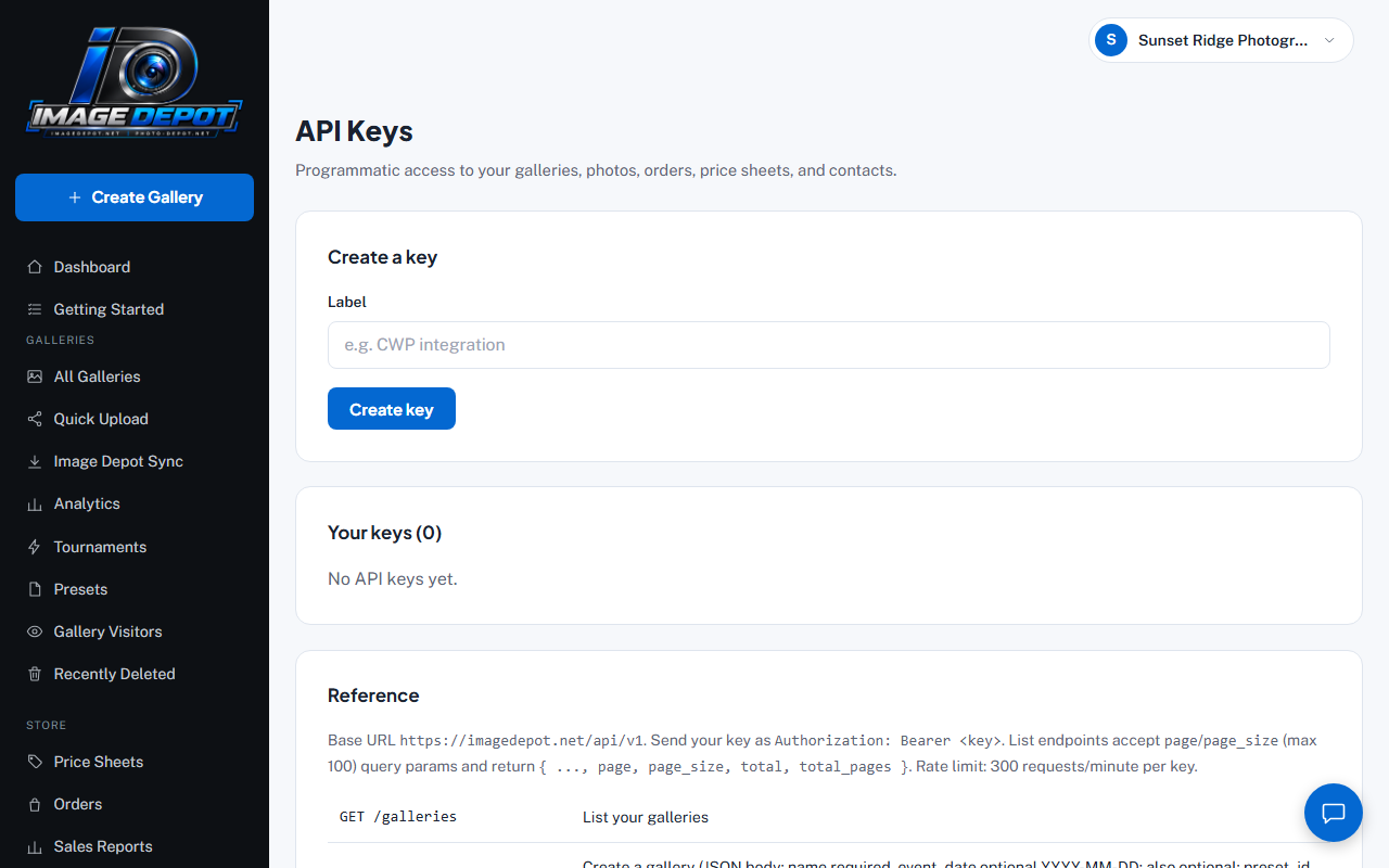 The API Keys page in the dashboard, showing a Create a key form with a Label field and Create key button, and a Your keys section listing existing keys