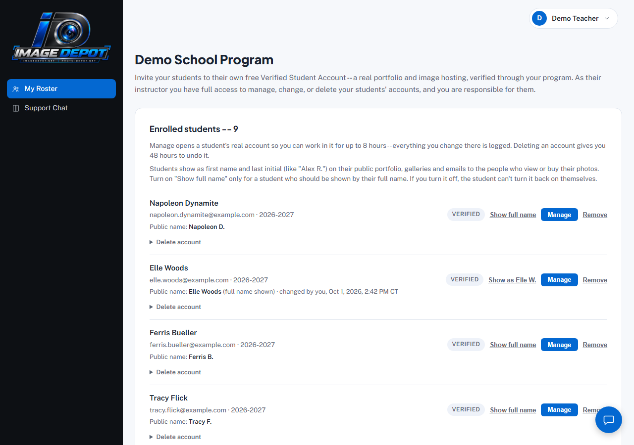 The School Program roster: enrolled students with their email, school year, Verified badge and public name (first name and last initial unless the full name is turned on), with Show full name, Manage and Remove for each student