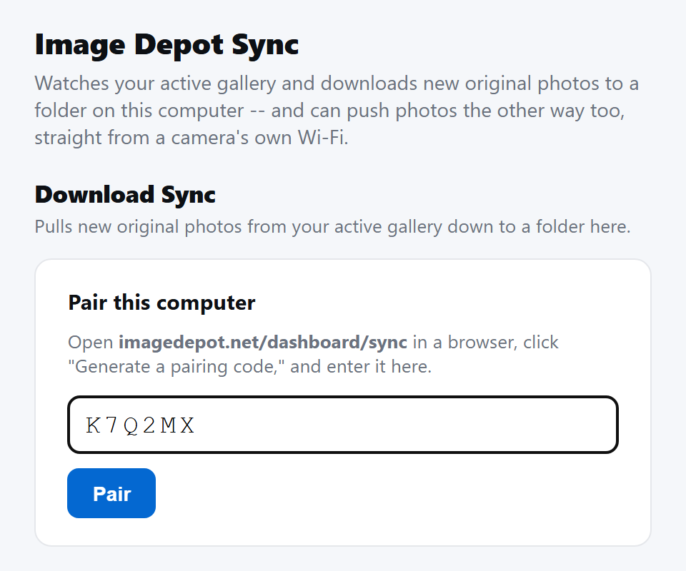 The Image Depot Sync app on a computer, the first time it opens: a Pair this computer box with a pairing code typed in and a Pair button