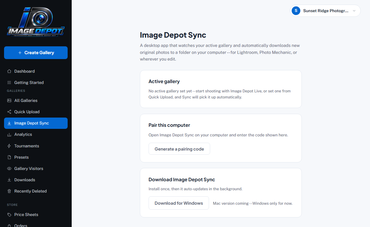 The Image Depot Sync page in the dashboard, showing Active gallery, Pair this computer, and a Download for Windows button