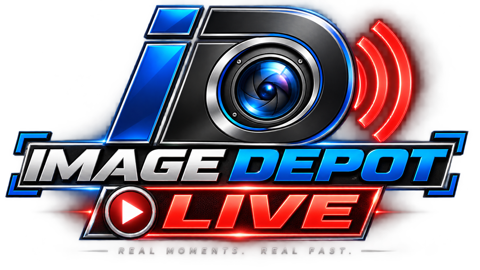 Image Depot Live logo -- a camera lens mark with a broadcast signal, tagline: real moments, real fast