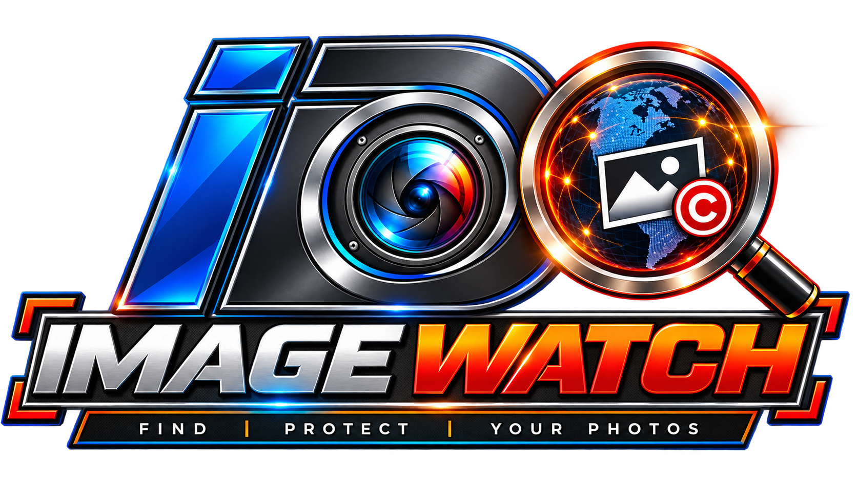 Image Watch logo -- a camera lens mark with a magnifying glass over a globe, tagline: find, protect, your photos