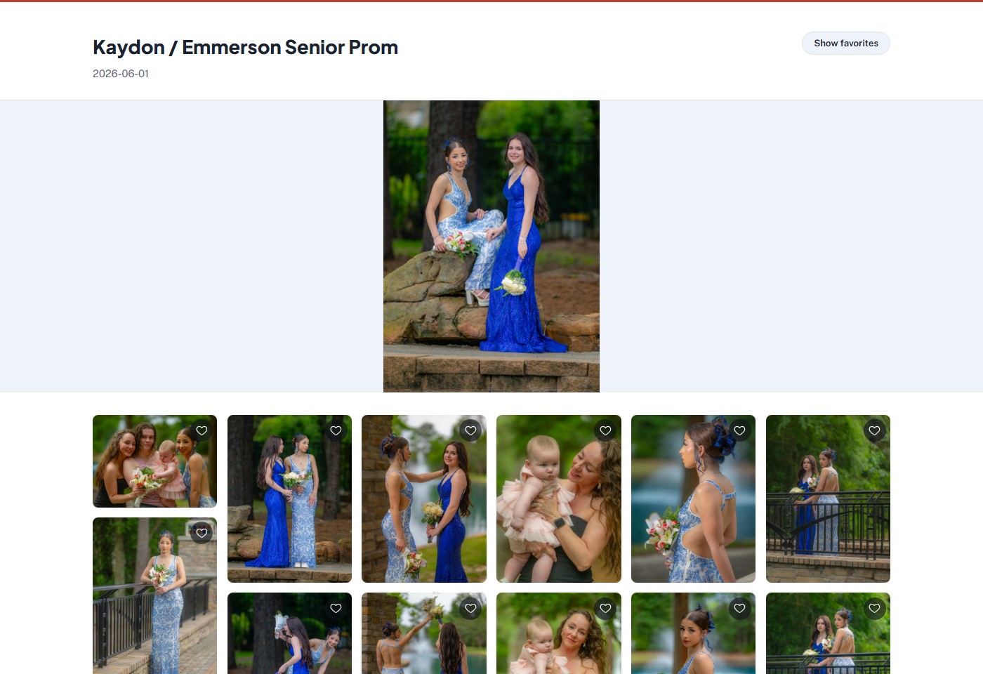 A real, live Image Depot client gallery, branded with the studio's own logo, showing photos with favorite buttons